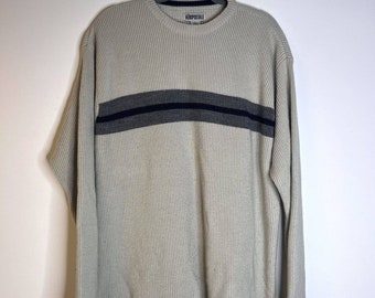Aeropostale Vintage Mens Beige Grey Stripe Knit Crew Neck Pullover Sweater XL