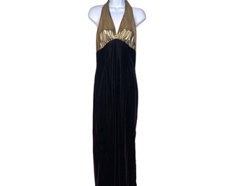 Jessica McClintock Gunne Sax Vintage Gold Black Velvet Halter Top Dress size 7/8