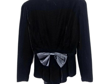 Vintage Samantha Black Velvet Evening Conductor Jacket Blazer With Bow Size 12