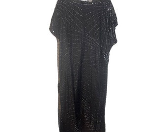 Laurence Kazar Vintage Black Silk Beaded Flapper Evening Dress size 3X