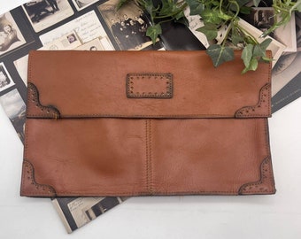 Vintage Brown Leather Envelope Style Clutch Purse Bag Made in Korea