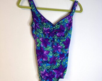 Maxine of Hollywood Vintage Purple Green Blue One Piece Bathing Suit size 10