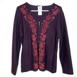 Laura Ashley Vintage Purple 100% Wool Floral Embroidered Zip Up Sweater large