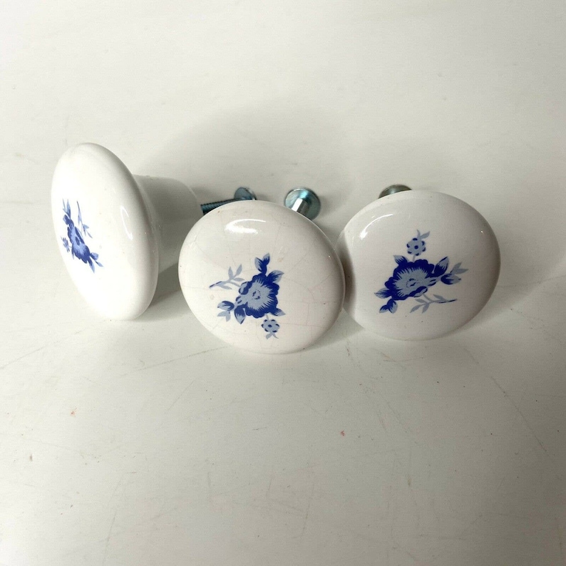 Set of 3 Ceramic Drawer Pulls Knobs Blue Floral Etsy