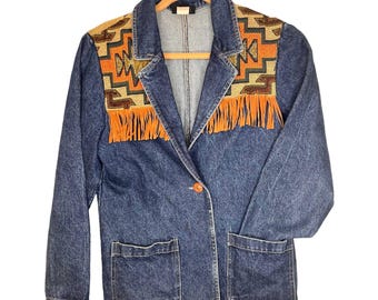 Roughrider by Circle J Vintage Jean Jacket Aztec Tapestry Fringe size small