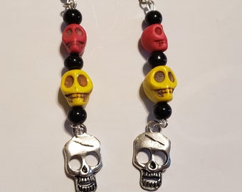 Pendientes de perlas rosa y amarilla con cráneo encanto joyería esqueleto gótico de Halloween