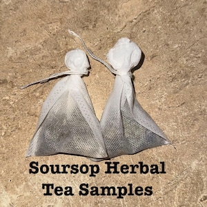 May include: Two white soursop herbal tea sample bags with string ties. The tea bags are triangular and filled with green tea leaves. The text "Soursop Herbal Tea Samples" is printed in black below the tea bags.