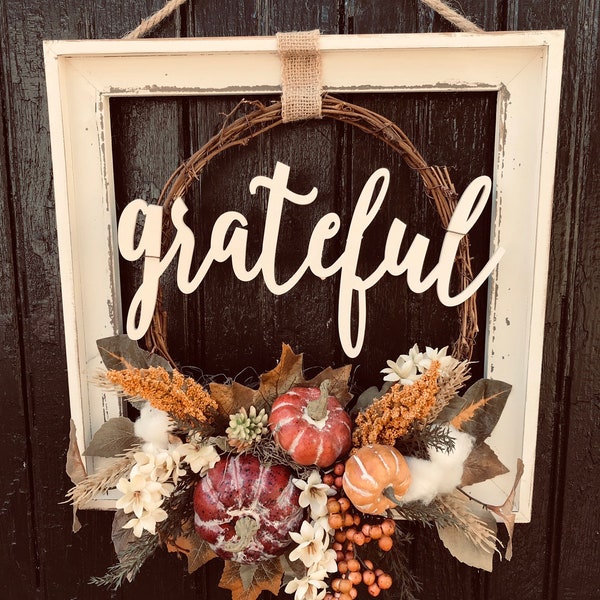 Picture Frame Wreath, Framed Fall Wreath, Grateful Wreath, Wreath with Coton, Fall Window Pane Door Hanger, Fall Farmhouse Decor