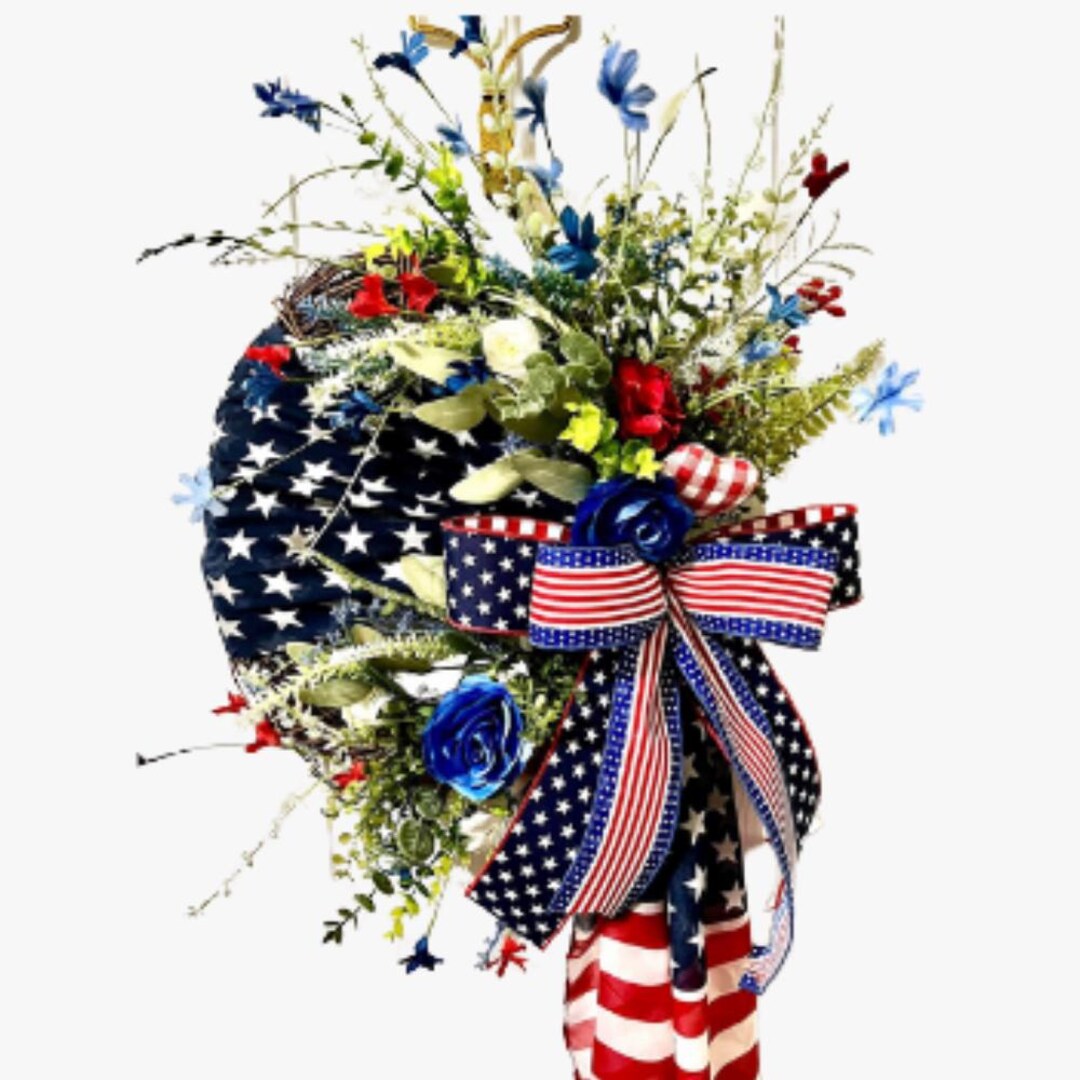 Patriotic American Flag Wreath: Red White Blue Floral Decor - Etsy