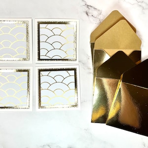 Set of 4 White and Gold Mini Note Cards, 3x3 Blank Cards with Envelopes, Gift Packaging, Stationary, Love Notes, Note Cards, Cards, Tags