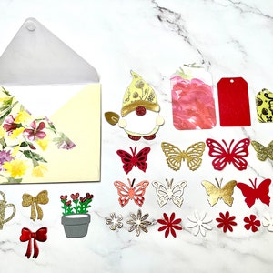 Enveloppe chargée nain de jardin printanier/artisanat/fabrication de cartes/scrapbooking/découpes à l'emporte-pièce/26 pièces/journal/bundle/enveloppe/chargé/amusant/jardin
