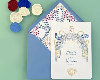 Sicilian luminarie (light archways) wedding cards, sicilian wedding card announcement