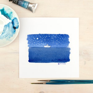 Cielo notturno, barchetta nel mare - stampa artistica