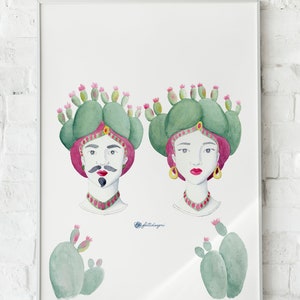 cartel italiano teste di moro, tunas, pintura de acuarela de estilo siciliano