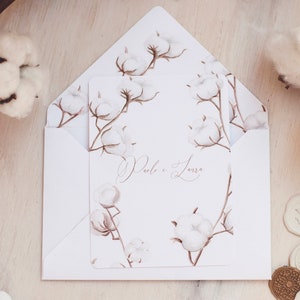 Cartes de mariage de fleurs de coton, invitations de mariage d'hiver