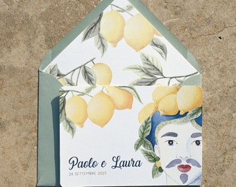Sicilian wedding cards, wedding card announcement with lemon and testa di moro illustration