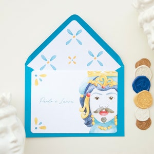 Sicilian wedding cards, wedding card announcement with testa di moro illustration