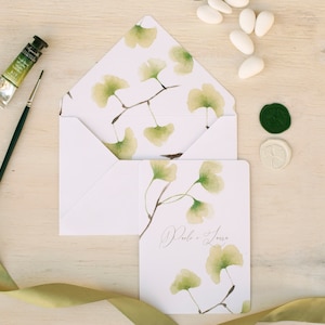 Cartes de mariage vert Ginkgo, invitations de mariage champêtre avec des feuilles de ginkgo