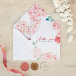 carte de mariage hortensias et roses