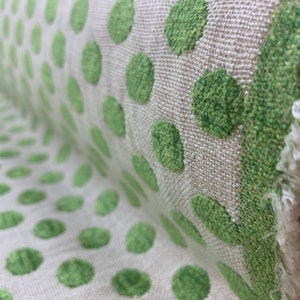 Bold Spring Green and Off White Dots Chenille Performance Upholstery Fabric By the Yard