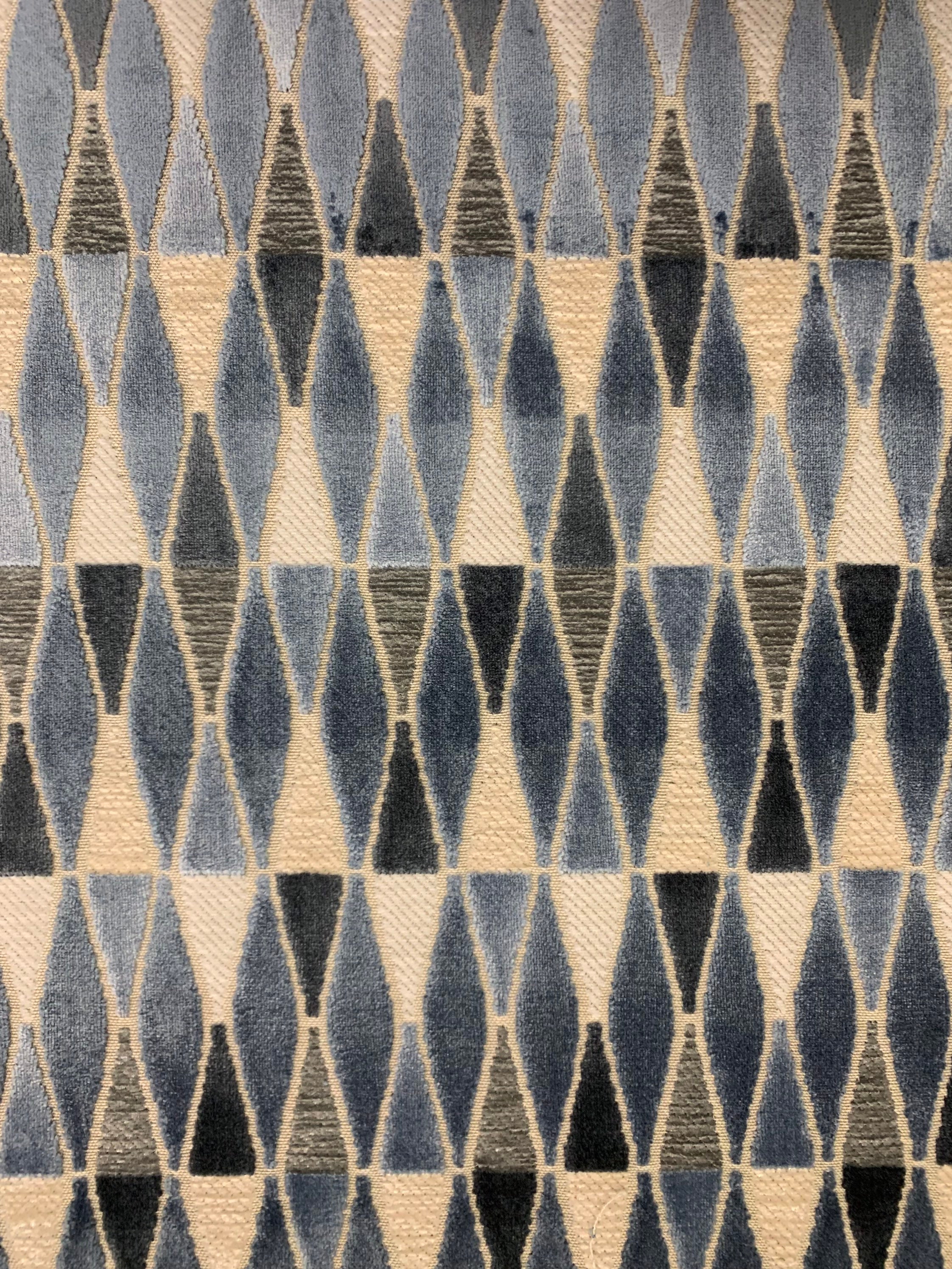 Geometric Velvet Blue, Tan, Off White Crypton Coated Upholstery Fabric By the Yard