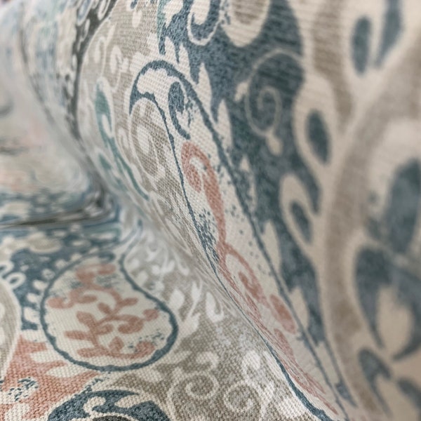 Arabesque Woven Blue, Beige, Grey, & Pink Crypton Coated Upholstery Fabric by the Yard