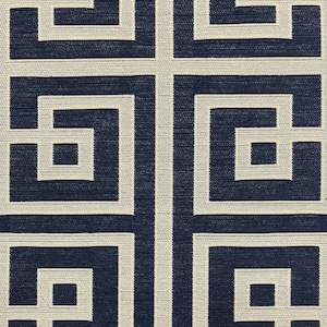 Labyrinth Greek Key Embroidered Look Blue and White Crypton Coated Upholstery Fabric by the Yard
