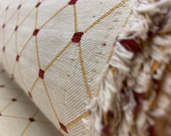 Embroidered Diamond Pattern Cream, Gold, Deep Red Crypton Coated Upholstery Fabric by the Yard