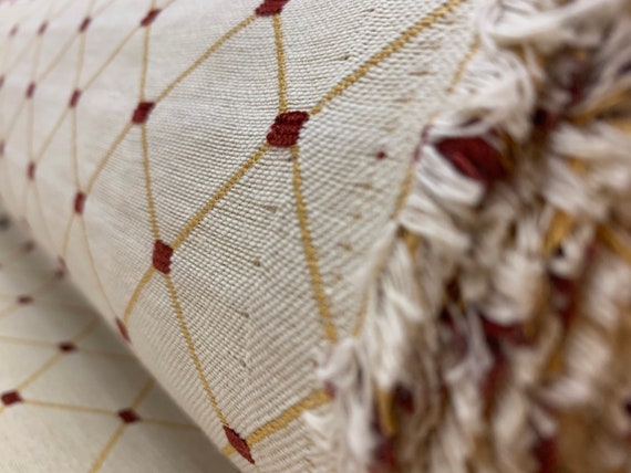 Embroidered Diamond Pattern Cream, Gold, Deep Red Crypton Coated Upholstery Fabric by the Yard