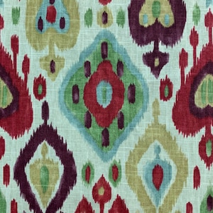Celebration Ikat Printed Upholstery Fabric by the Yard, Red, Blue, Green, Eggplant,  Tan, Gray, Beige