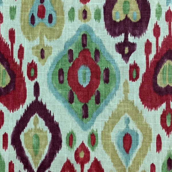 Celebration Ikat Printed Upholstery Fabric by the Yard, Red, Blue, Green, Eggplant,  Tan, Gray, Beige