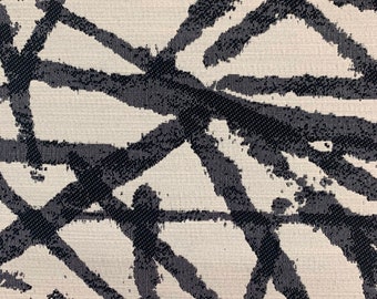 Lines Crossed Abstract Black, Off White, Gray Linen Slub Crypton Coated Upholstery Fabric by the Yard