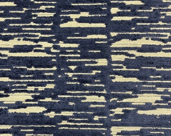 Linear Navy and Beige Velvet Crypton Coated. Upholstery Fabric by the Yard