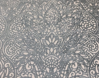 Pale Blue and White Point Lace Design Short Nap Chenille Crypton Coated Upholstery Fabric By the Yard