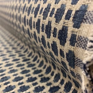 Modified Squares Dark Blue, Medium Blue, Bone Tan Woven Crypton Coated Upholstery Fabric by the Yard