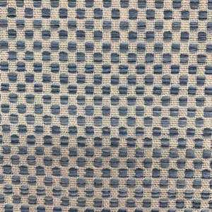Checkers Pale Blue and White Chenille Squares Crypton Coated Upholstery Fabric By the Yard