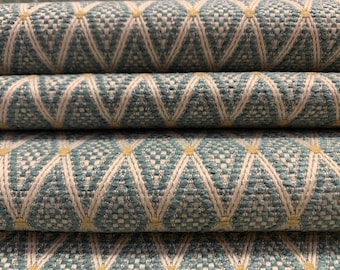 Embroidered Teal Diamond Pattern Woven Crypton Coated Upholstery Fabric by the Yard