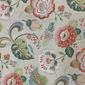 Country Stroll Printed Upholstery Fabric by the Yard, Beige, Coral, Green, Blue