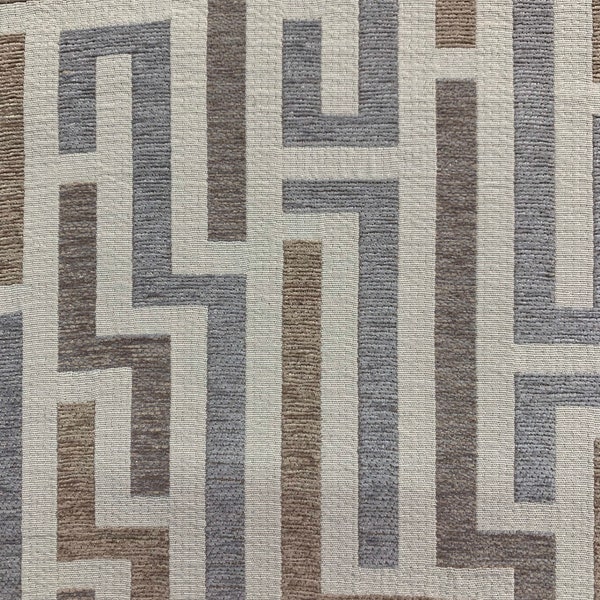 Greek Key Beige, Gold, Gray Chenille Crypton Coated Upholstery Fabric By the Yard