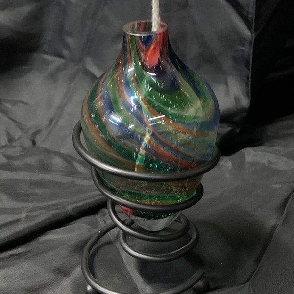 Vintage, art glass, iron stand oil burner