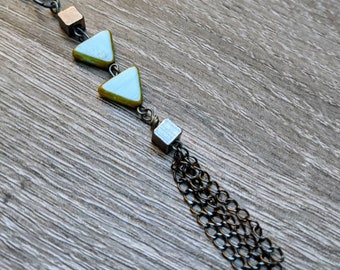 Tassell Necklace / Chain Tassell / Triangle and Square Pendant / Green Blue Teal / Yellow / Burnt Orange / Handmade / Gift for Her