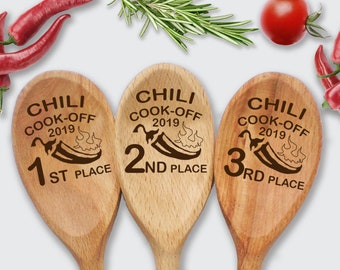 Chili Cook Off Set of 3 Wooden Spoons 1st 2nd 3rd Places Custom Engraved Prize Cooking Contest Winner Chili Cookoff Champion Event Favors
