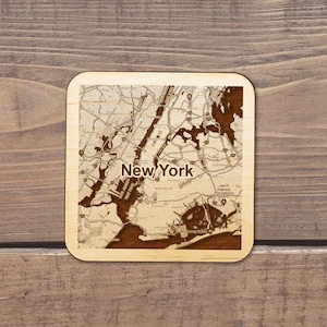Dessous de verre de la carte de la ville de New York Toutes les villes disponibles ! Combinaison gratuite pour un ensemble de sous-verres Dessous de verre en bois personnalisés de plusieurs villes, plan de la ville, sac cadeau en option