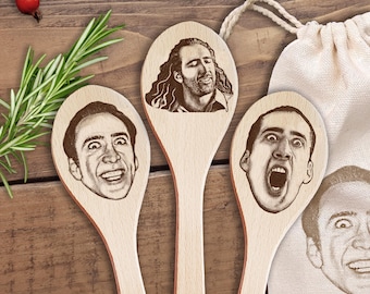 Nicolas Cage Face On Wooden Spoons Nic Cage Things Funny Meme Gifts For Fan Birthday Housewarming Chef