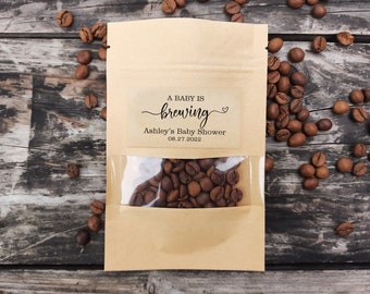 Sacchetto per caffè "A Baby is Brewing" personalizzato per bomboniere di baby shower, bustina richiudibile.