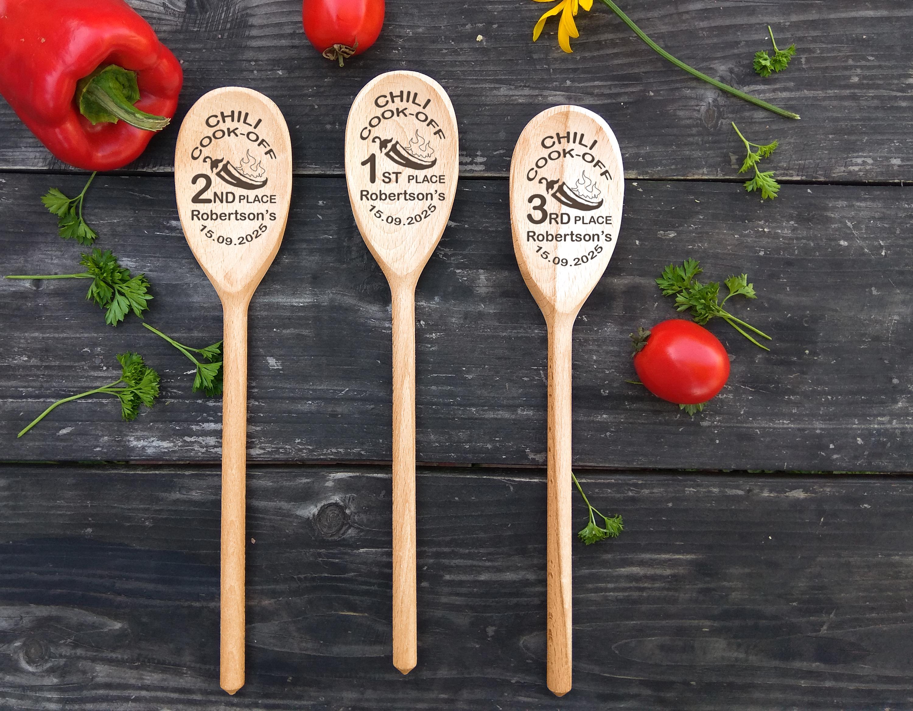 Trophées Cuisine Chili – 3 Cuillères En Bois – 1ère, 2ème, 3ème Place – Décoration Compétition
