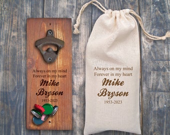 Apribottiglie commemorativo personalizzato per genitori, in legno rustico, regalo di condoglianze con chiusura magnetica, regalo in ricordo