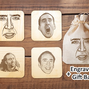 Nicolas Cage Coasters Set of 4 Engraved Wood Coaster Funny Meme Face Nic Cage Features Mug Coasters & Cotton Gift Bag Birthday Gift For Fan