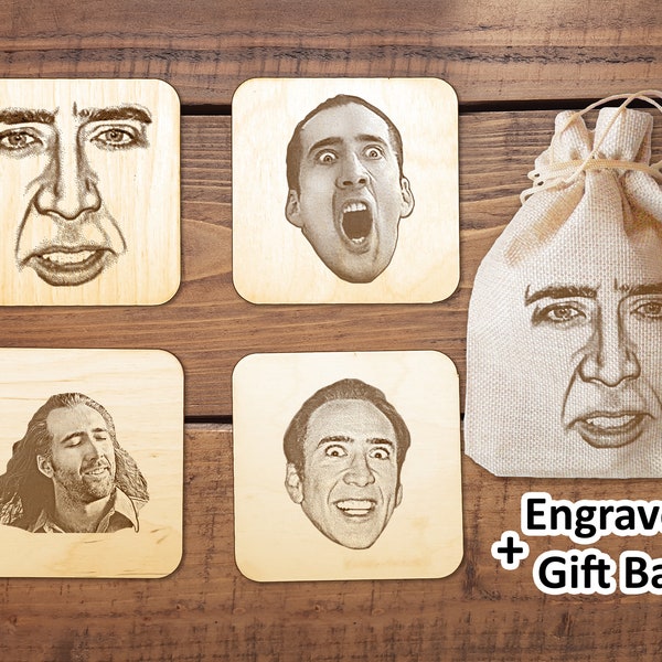 Nicolas Cage Coasters Set of 4 Engraved Wood Coaster Funny Meme Face Nic Cage Features Mug Coasters & Cotton Gift Bag Birthday Gift For Fan
