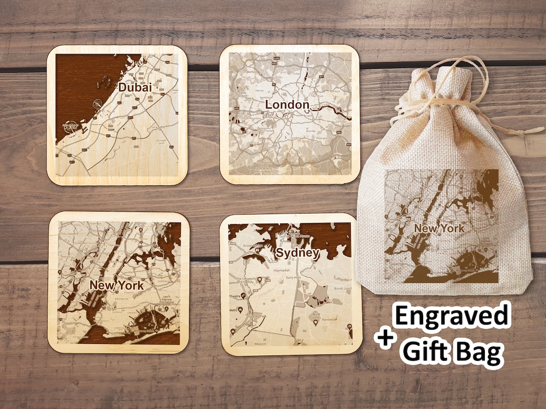 Postcode Coasters Custom City Map Wooden Coasters (set of 4, 6, or 8) – Engraved Map Gift ...